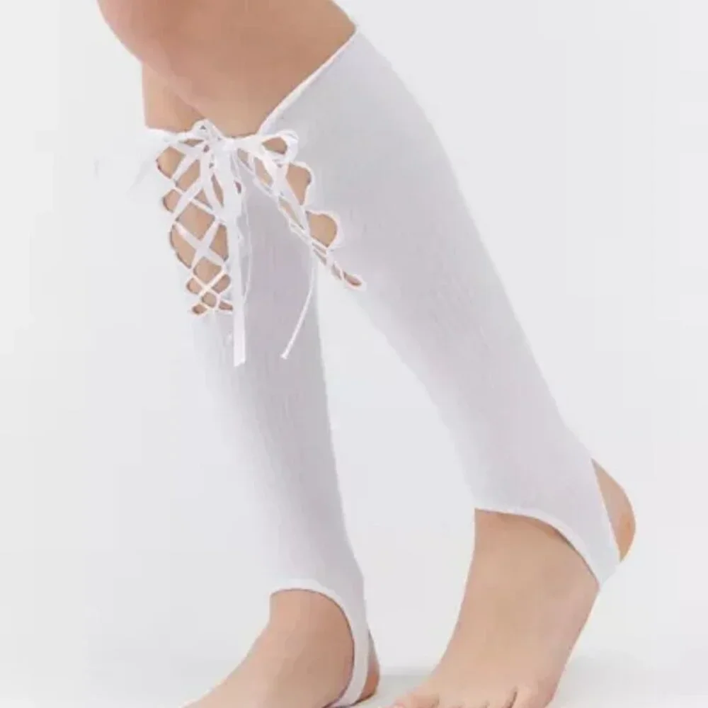 NWT Urban Outfitters Ribbed Lace-Up White Stirrup Leg Warmer Socks